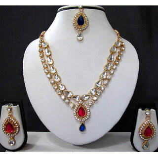                       Pink and Blue 2 Line Tilak Stone Necklace Set                                              