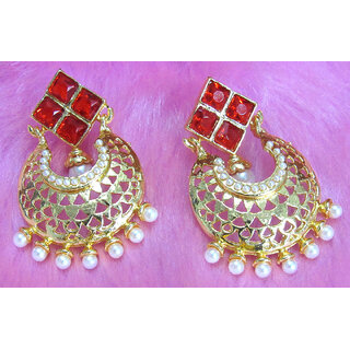                       Red Stone White Drop Earring                                              