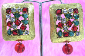 Maroon and Green Stone Kundan Earring