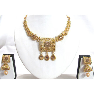                       Golden Stone Big Square Pendant Necklace Set                                              