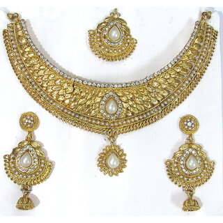                       Golden Pearl Tilak Drop Necklace Set                                              