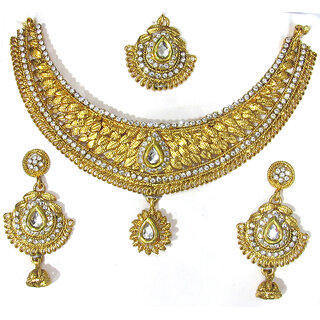                       Golden Stone Tilak Drop Necklace Set                                              