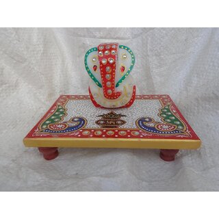                       FRESHINGS - Hand Painted Lord Ganesh with Chowki in White Marble in 6 x 4 size                                              
