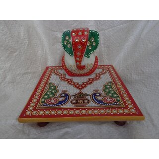                       FRESHINGS - Painted Lord Ganesh with Chowki in White Marble in big 6 x 6 size                                              