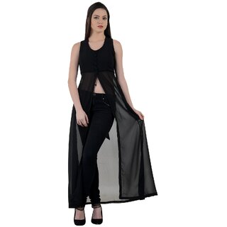                       Raabta Black Cape Long Dress With Front Slit                                              
