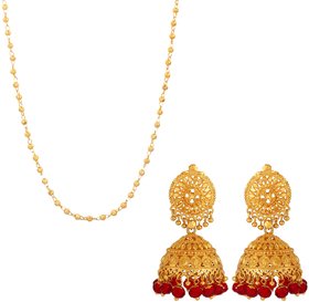 Goldnera Wedding Gold Plated Jewellery Set Matar Mala Long Chain With Traditional Golden Jhumka For  Women/Girls