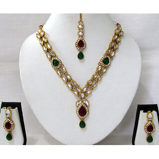                       Maroon Green 2 line kundan drop necklace set                                              