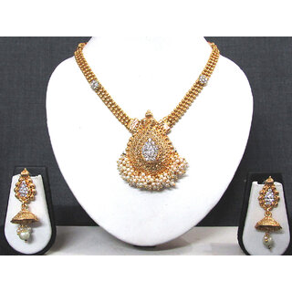                       Golden Tilak Stone Ghungaru Jhumka Necklace Set                                              