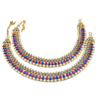                       Pink and Blue Tilak Kundan Anklet                                              