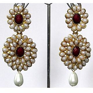 Pearl Double Flower Maroon Kundan Drop Earring Pearl Double Flower Maroon Kundan Drop Earring