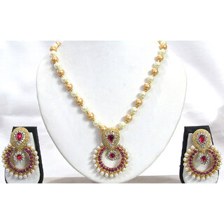                       Dark Pink Stone Pendant Pearl Necklace Set                                              