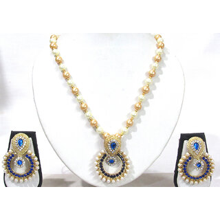 Dark Blue Stone Pendant Pearl Necklace Set Dark Blue Stone Pendant Pearl Necklace Set