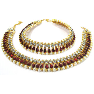                       Maroon Tilak Kundan Anklet                                              