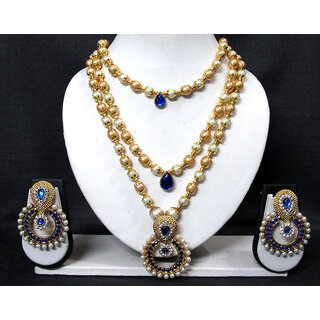                      Dark Blue 3 Line Stone Pendant Pearl Necklace Set                                              