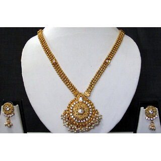                       Golden Chain Round Pendant Stone Ghungaru Necklace Set                                              