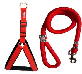 Petshop7 Nylon Padded Red adjustable Dog Harness  Leash Rope 1.25 Inch for Large Pet (Chest Size  33-42)