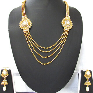                       Golden 4 Line Tilak Pearl Stone Necklace Set                                              