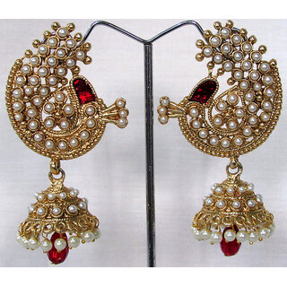                       Maroon drop Pearl Peacock Jhumka Earring                                              