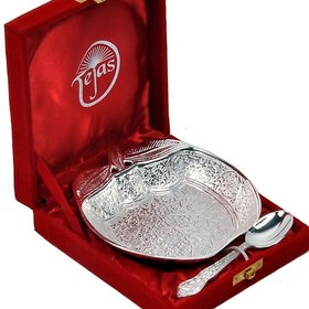 Little India Silver Polished Apple Shape Brass Bowl and Spoon (273, Silver)