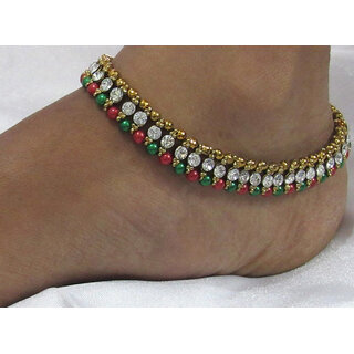                       Maroon Green Pearl Golden  White Stone Anklet                                              