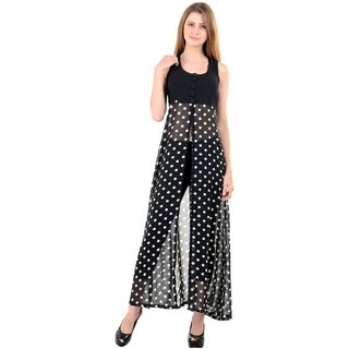                       Raabtaa Womens Black Plain Yoge With Polka Dotted Cape Long Dress                                              