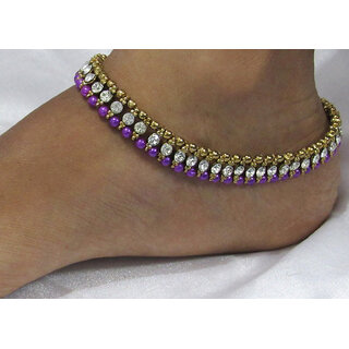                       Purple Pearl Golden White Stone anklet                                              