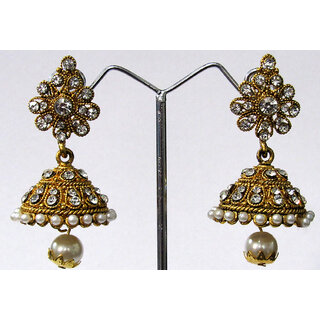                       Tilak Shape White Stone Jhumka Earring                                              