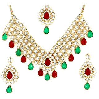                       Wedding 4 line Maroon Green Stone Necklace set                                              