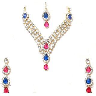                       Wedding Pink and Blue 3 line Necklace Set                                              