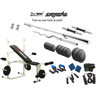 Protoner  Extreme Weight Lifting Package 52 Kgs + 5' Straight+ 3' Curl Rod +  Kamachi Multy Bench