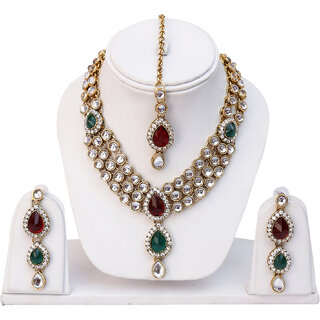 Lucky Jewellery 3 Line Kundan Set Maroon Green Colour (MSK-3-LINE-MG)