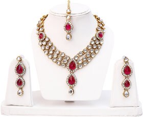 Lucky Jewellery 3 Line Kundan Set Magenta Colour (MSK-3-LINE-R)