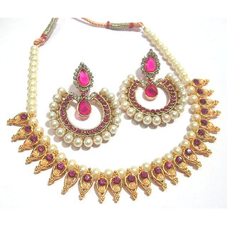                       Dark Pink Stone Leaf Tilak Polki Necklace set                                              