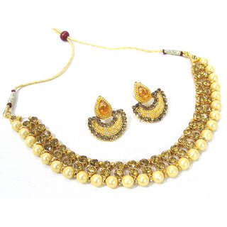 Golden Big Pearl Double Stone Tilak Necklace Set Golden Big Pearl Double Stone Tilak Necklace Set