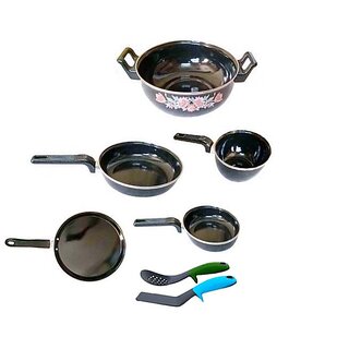 Dugri Non-Stick Cookware Set 5 with 2 Plastic Coloured Kadchhi
