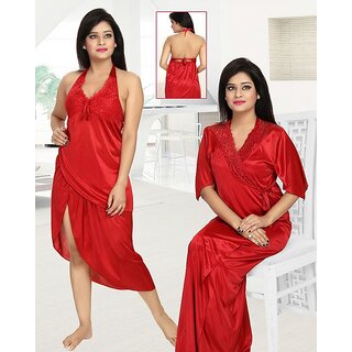                       Womens 3pc Sleepwear Top Skirt  Over Coat  Red 615A Night Set Daily Lounge Wear Fun Babydoll Bed Dress                                              
