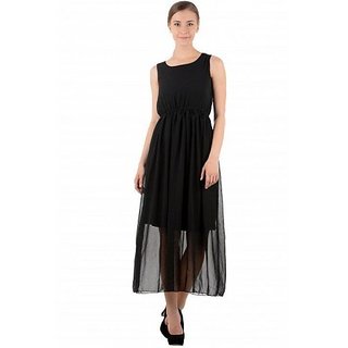 Raabta Fashion Women Black Plain Round Neck Maxi Dress