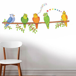 Wall Dreams Colourful Cute Parakeet Parrots On A Branch Singing In Love Heart Wall Stickers (60cmX45cm)