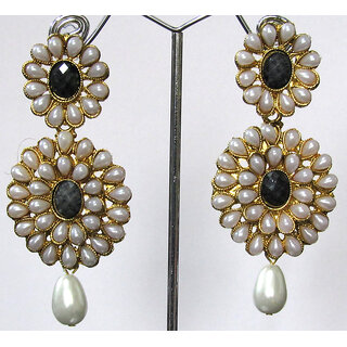                       Pearl Double Flower Black Kundan Drop Earring                                              