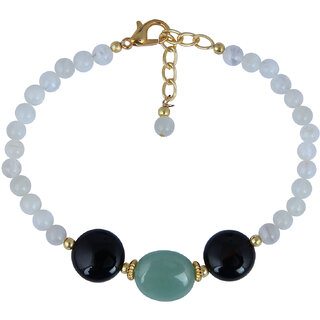                       Pearlz Ocean Green Aventurine, Black Agate And Moon Stone Beads 7 Inches Bracelet For Women                                              