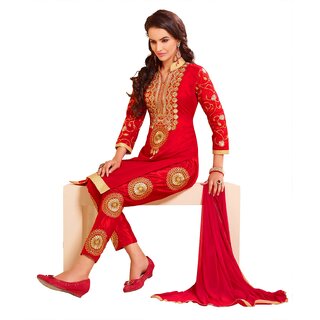 DnVeens Women Red Chanderi Cotton Embroidered Unstiched Party Wear Salwar Suit Dress Material