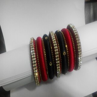                       Silk thread Bangles black and red set                                              