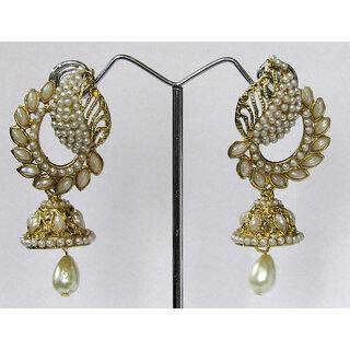                       White Drop Leaf Pearl Jhumka Earring                                              