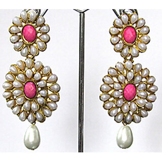                       Pearl Double Flower Pink Kundan Drop Earring                                              