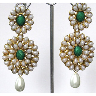 Pearl Double Flower Green Kundan Drop Earring Pearl Double Flower Green Kundan Drop Earring