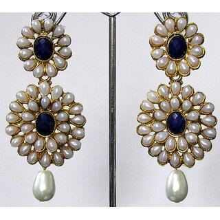                       Pearl Double Flower Dark Blue Kundan Drop Earring                                              
