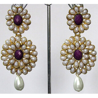                      Pearl Double Flower Purple Kundan Drop Earring                                              