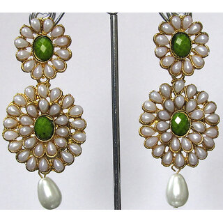 Pearl Double Flower Parrot Green Kundan Earring Pearl Double Flower Parrot Green Kundan Earring