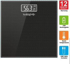 Healthgenie Rechargeable Digital Personal Weighing Scale for Human Body with Room Temperature Display-(Black Dotted)