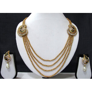                       Golden 4 Line Peacock Brooch Stone Necklace Set                                              